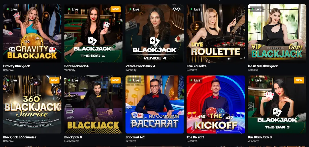 Live Dealer Games section at DartWinner