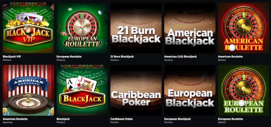 Table Games catalogue at DartWinner Casino Australia